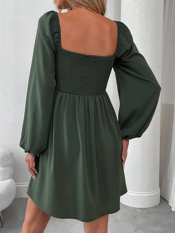 Women's Spring & Autumn French Elegant Casual Commute Mini Dress With Square Collar, Draped