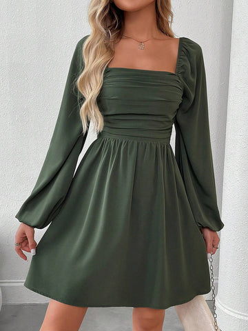 Women's Spring & Autumn French Elegant Casual Commute Mini Dress With Square Collar, Draped