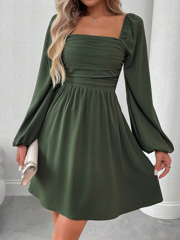 Women's Spring & Autumn French Elegant Casual Commute Mini Dress With Square Collar, Draped