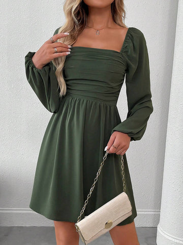 Women's Spring & Autumn French Elegant Casual Commute Mini Dress With Square Collar, Draped