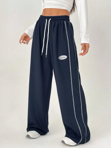 ETITE Women's Streetwear Sportswear Blockcore Letter Sport Biker Woven Tape Style White Contrast Side Stripe Casual Texture Sweatpants