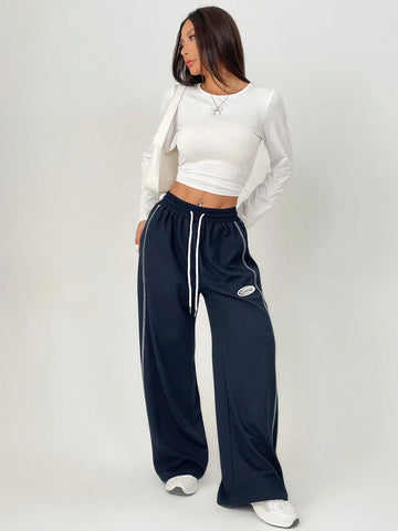 ETITE Women's Streetwear Sportswear Blockcore Letter Sport Biker Woven Tape Style White Contrast Side Stripe Casual Texture Sweatpants