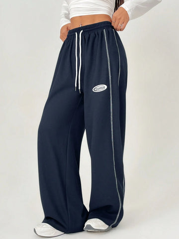 ETITE Women's Streetwear Sportswear Blockcore Letter Sport Biker Woven Tape Style White Contrast Side Stripe Casual Texture Sweatpants