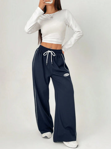 ETITE Women's Streetwear Sportswear Blockcore Letter Sport Biker Woven Tape Style White Contrast Side Stripe Casual Texture Sweatpants