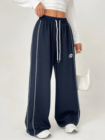 ETITE Women's Streetwear Sportswear Blockcore Letter Sport Biker Woven Tape Style White Contrast Side Stripe Casual Texture Sweatpants