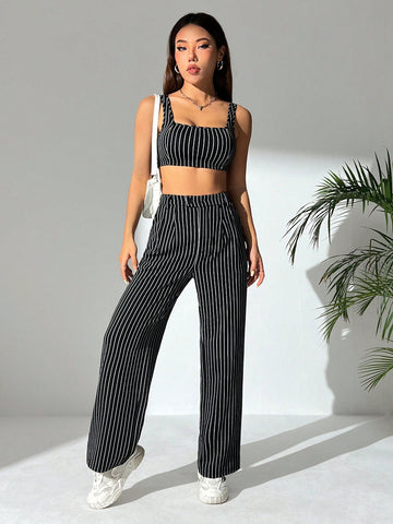 Women's Striped Pattern Cropped Cami Top And Pants Set