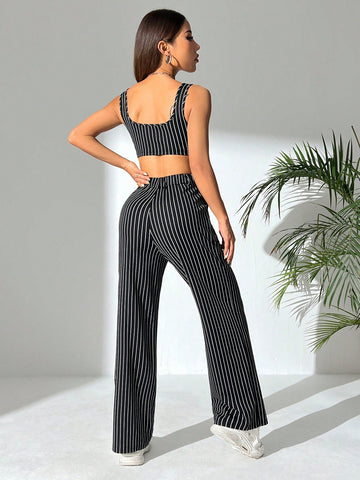 Women's Striped Pattern Cropped Cami Top And Pants Set