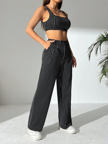 Women's Striped Pattern Cropped Cami Top And Pants Set