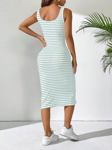 Women's Summer Casual Color Block Striped Sleeveless Dress With Front Button Closure, Slim