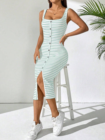 Women's Summer Casual Color Block Striped Sleeveless Dress With Front Button Closure, Slim