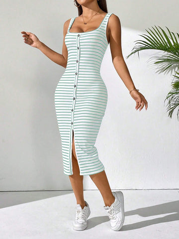 Women's Summer Casual Color Block Striped Sleeveless Dress With Front Button Closure, Slim
