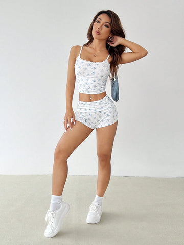 Women's Summer Casual Ditsy Floral Ruched Slim Fit Spaghetti Strap Mini Shorts Two Pieces Set