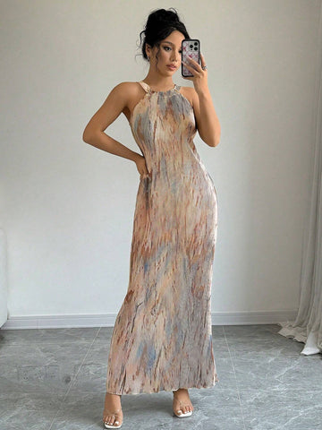 Women's Summer Tie-Dye Printed Long Pleated Slip Dress