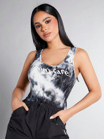 Women's Tie-dye Sleeveless Jumpsuit With Slogan Print