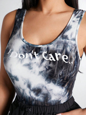 Women's Tie-dye Sleeveless Jumpsuit With Slogan Print