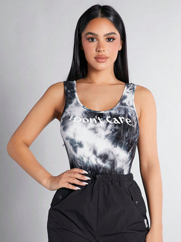 Women's Tie-dye Sleeveless Jumpsuit With Slogan Print