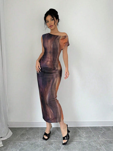 Women's Tie Dye Print Asymmetric Neck Sleeveless Summer Dress