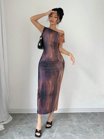 Women's Tie Dye Print Asymmetric Neck Sleeveless Summer Dress
