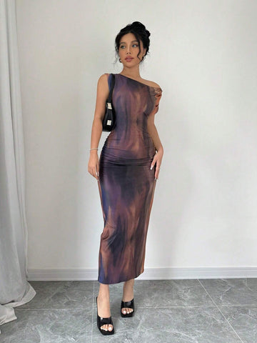 Women's Tie Dye Print Asymmetric Neck Sleeveless Summer Dress