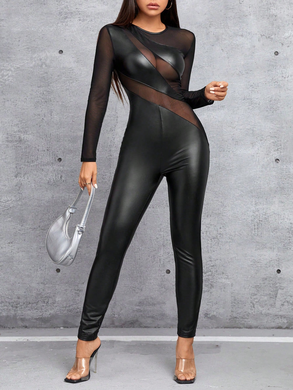 Women's Tight-fitting Jumpsuit With Pu And Mesh Patchwork