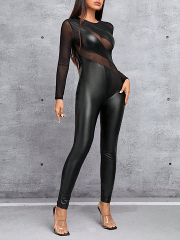 Women's Tight-fitting Jumpsuit With Pu And Mesh Patchwork