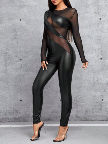 Women's Tight-fitting Jumpsuit With Pu And Mesh Patchwork