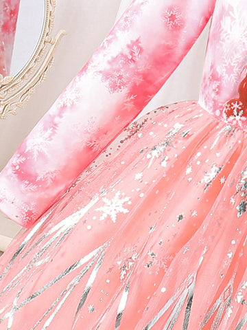 Girls Blue Dreamy Icy Snow Themed Long Sleeve Dress, Featuring Soft Blue Floral Print A-Line Mesh Skirt, Elegant Princess & Snowflake Prints