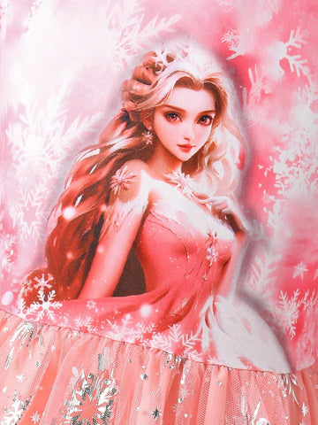 Girls Blue Dreamy Icy Snow Themed Long Sleeve Dress, Featuring Soft Blue Floral Print A-Line Mesh Skirt, Elegant Princess & Snowflake Prints