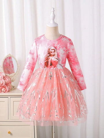 Girls Blue Dreamy Icy Snow Themed Long Sleeve Dress, Featuring Soft Blue Floral Print A-Line Mesh Skirt, Elegant Princess & Snowflake Prints