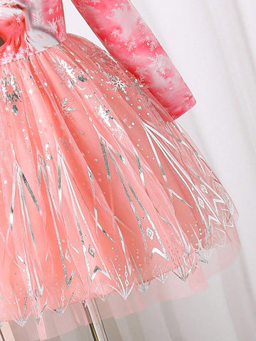 Girls Blue Dreamy Icy Snow Themed Long Sleeve Dress, Featuring Soft Blue Floral Print A-Line Mesh Skirt, Elegant Princess & Snowflake Prints