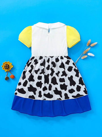 Persoplay Kids Girls' Casual Cute Western Cowgirl Pattern Print Ruffle Collar Long Sleeve Cow Print Dress, Soft & Comfortable Fabric