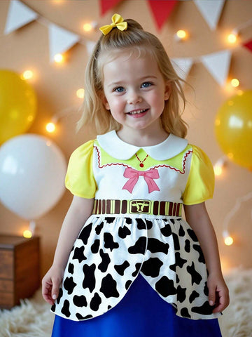 Persoplay Kids Girls' Casual Cute Western Cowgirl Pattern Print Ruffle Collar Long Sleeve Cow Print Dress, Soft & Comfortable Fabric