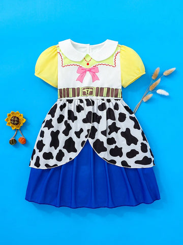 Persoplay Kids Girls' Casual Cute Western Cowgirl Pattern Print Ruffle Collar Long Sleeve Cow Print Dress, Soft & Comfortable Fabric