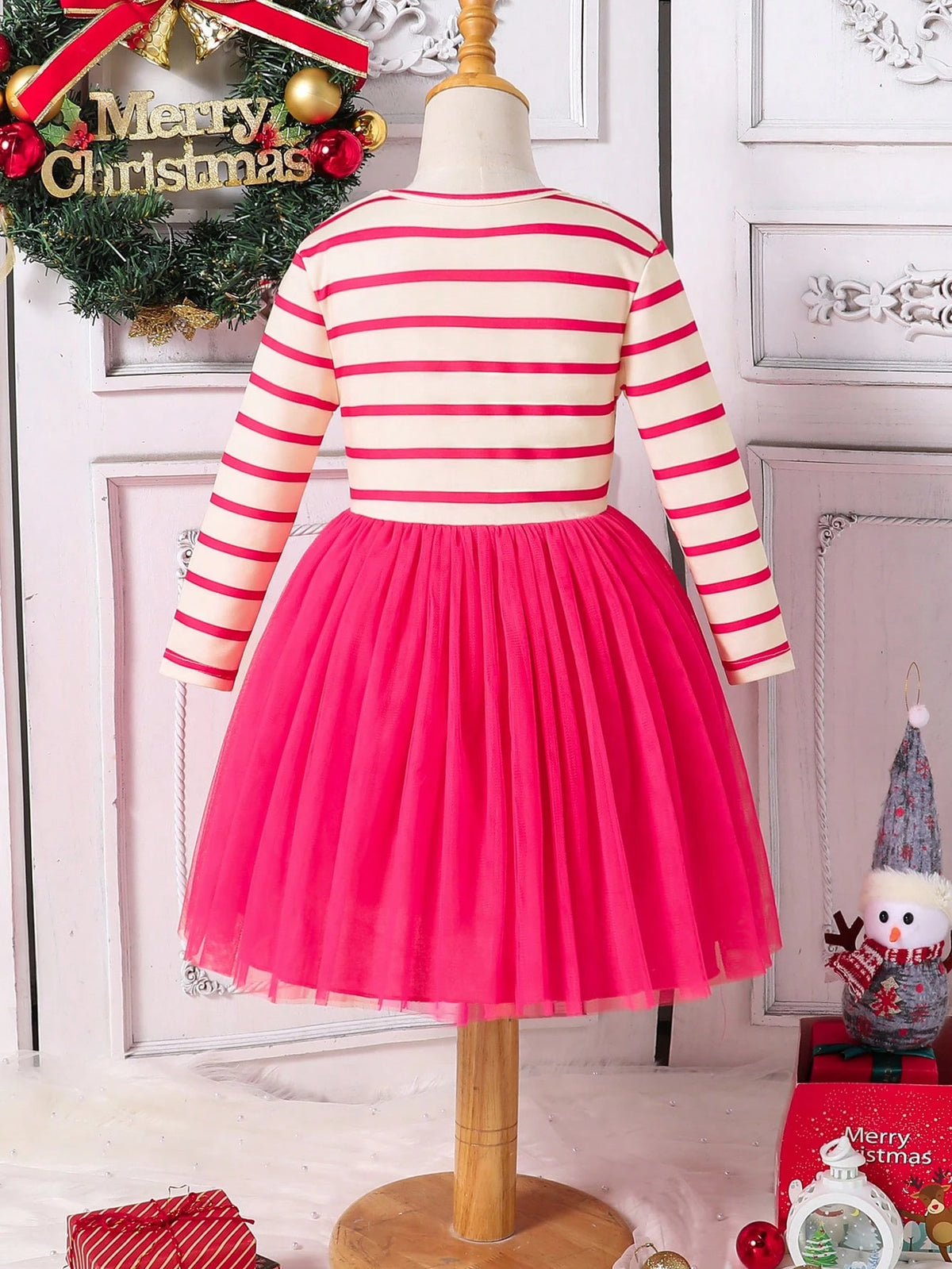Kids Girls Toddler Trendy Santa Claus Striped Mesh Patchwork Christmas Dress, Soft Knitted Striped Round Neck Long Sleeve