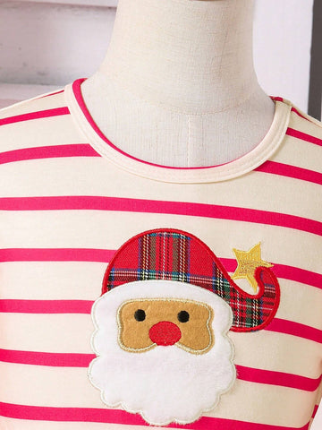 Kids Girls Toddler Trendy Santa Claus Striped Mesh Patchwork Christmas Dress, Soft Knitted Striped Round Neck Long Sleeve