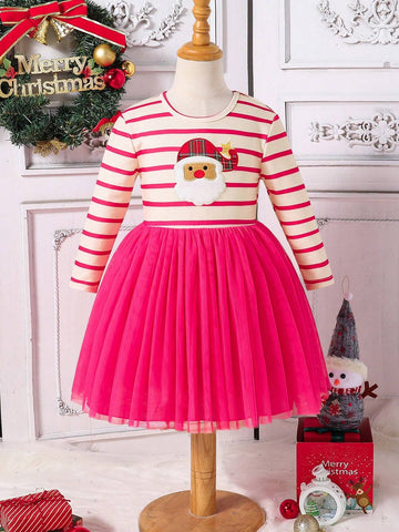 Kids Girls Toddler Trendy Santa Claus Striped Mesh Patchwork Christmas Dress, Soft Knitted Striped Round Neck Long Sleeve