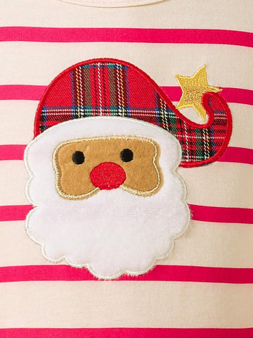 Kids Girls Toddler Trendy Santa Claus Striped Mesh Patchwork Christmas Dress, Soft Knitted Striped Round Neck Long Sleeve