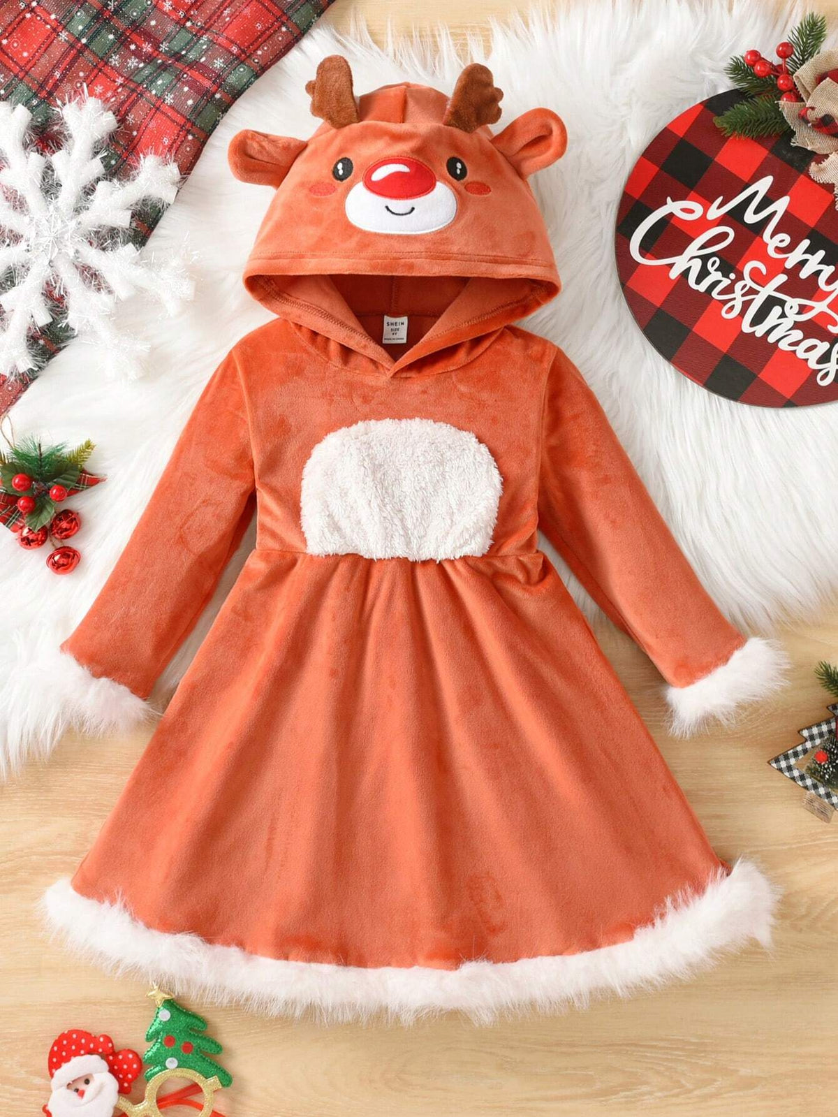Young Girl Autumn/Winter Christmas Long Sleeve Silver Fox Fleece 3D Embroidery Cute Deer Hooded Patchwork Furry Trim Dress, New Arrival