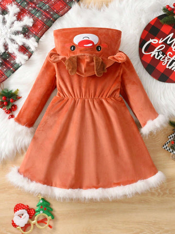 Young Girl Autumn/Winter Christmas Long Sleeve Silver Fox Fleece 3D Embroidery Cute Deer Hooded Patchwork Furry Trim Dress, New Arrival
