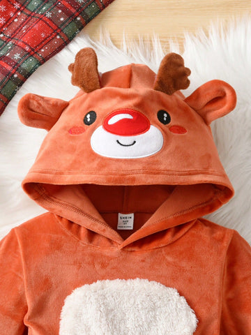 Young Girl Autumn/Winter Christmas Long Sleeve Silver Fox Fleece 3D Embroidery Cute Deer Hooded Patchwork Furry Trim Dress, New Arrival