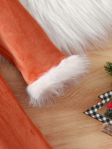 Young Girl Autumn/Winter Christmas Long Sleeve Silver Fox Fleece 3D Embroidery Cute Deer Hooded Patchwork Furry Trim Dress, New Arrival