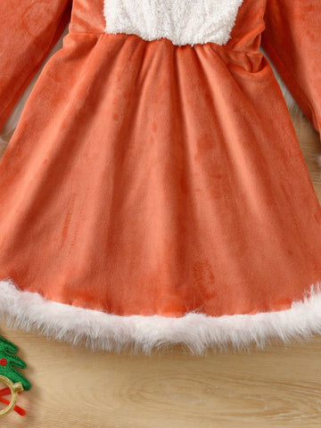 Young Girl Autumn/Winter Christmas Long Sleeve Silver Fox Fleece 3D Embroidery Cute Deer Hooded Patchwork Furry Trim Dress, New Arrival