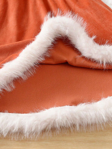 Young Girl Autumn/Winter Christmas Long Sleeve Silver Fox Fleece 3D Embroidery Cute Deer Hooded Patchwork Furry Trim Dress, New Arrival