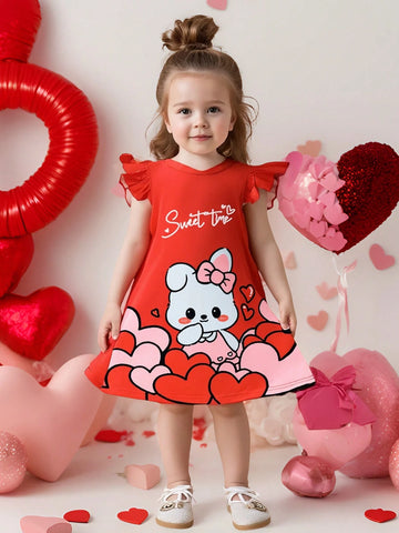 Young Girl Casual Cartoon Heart Pattern Cap Sleeve Dress