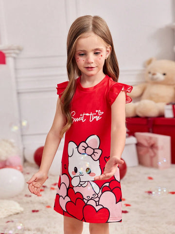 Young Girl Casual Cartoon Heart Pattern Cap Sleeve Dress