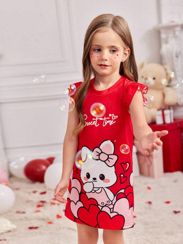Young Girl Casual Cartoon Heart Pattern Cap Sleeve Dress
