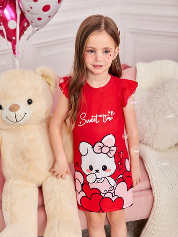 Young Girl Casual Cartoon Heart Pattern Cap Sleeve Dress