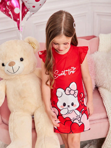 Young Girl Casual Cartoon Heart Pattern Cap Sleeve Dress