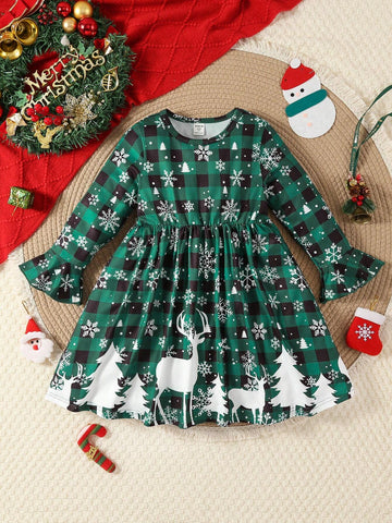 Young Girl Cute Christmas Santa Dress, Snowy Forest Deer Plaid Elastic Party Mini Dress