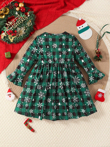 Young Girl Cute Christmas Santa Dress, Snowy Forest Deer Plaid Elastic Party Mini Dress